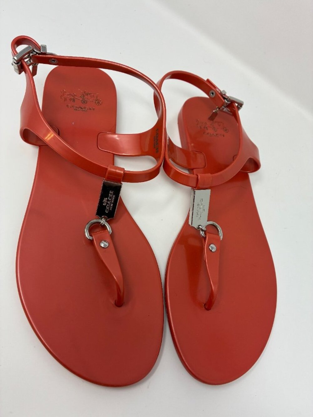 Coach Plato Jelly Sandals Womens 8B Coral Red T Strap Thong Silver Hardware
